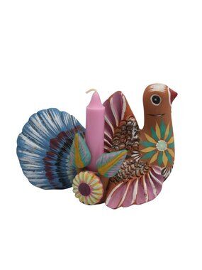 Clay Bird Candleholder Hand Pained Floral Design Mexican Folk Art Wall Hanging